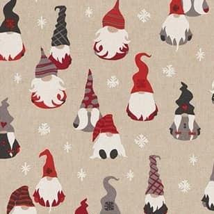 Linen-look polycotton canvas with a print of Christmassy gonks