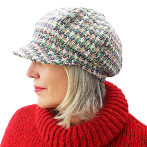 Fiona modelling the Chelsea hat in a tweed fabric